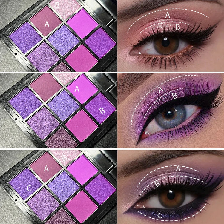 Glitter Eyeshadow Palette - 9 Color Collection with Purple Shimmer, Pearlescent, and Matte Finishes - Waterproof Eye Makeup