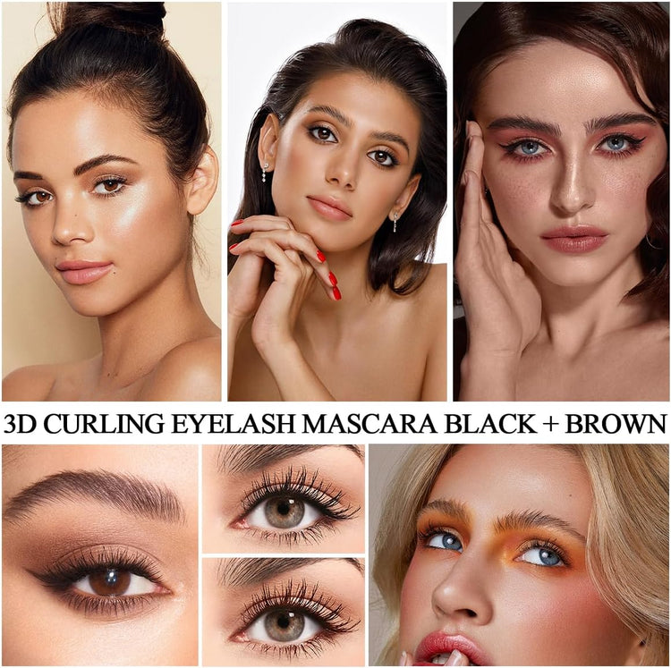 3D Curling Eyelash Mascara,Slim Washable Metal Iron Brush Mascara, Waterproof Long Lasting No Clumping Iron Strong Mascara Black + Brown 2Pcs