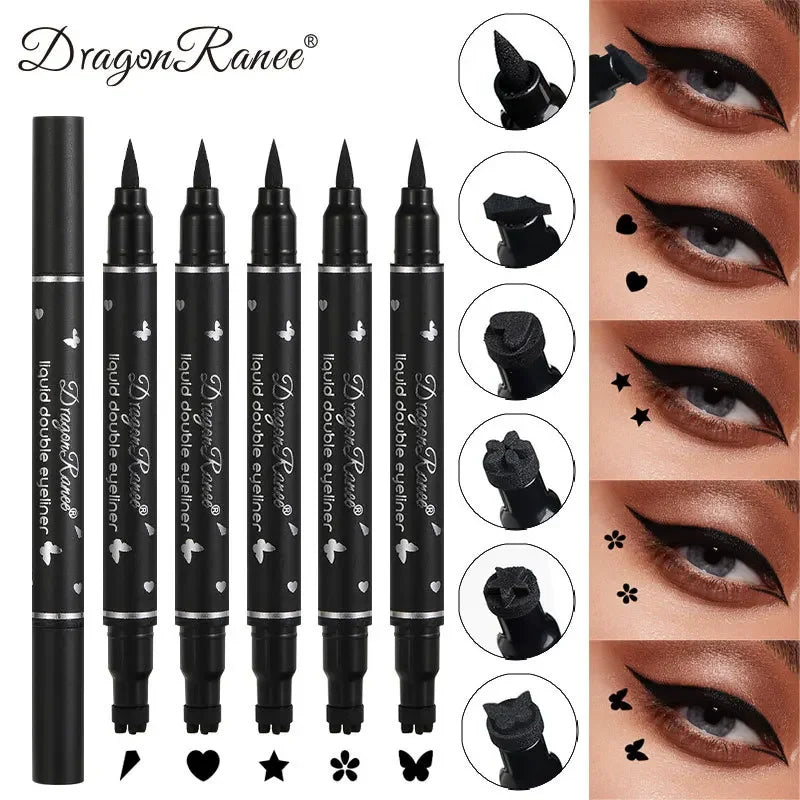 Black Seal Double-Ended Eyeliner Pen with Star Stamp - Long-Lasting Waterproof Winged Eye Makeup Cosmetics