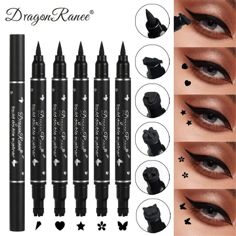 Black Seal Double-Ended Eyeliner Pen with Star Stamp - Long-Lasting Waterproof Winged Eye Makeup Cosmetics