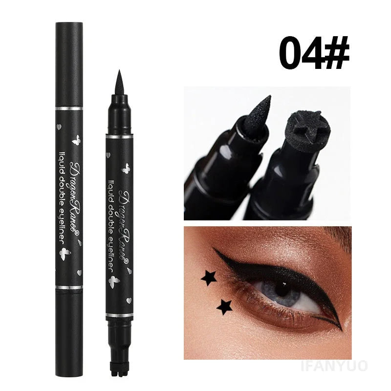 Black Seal Double-Ended Eyeliner Pen with Star Stamp - Long-Lasting Waterproof Winged Eye Makeup Cosmetics