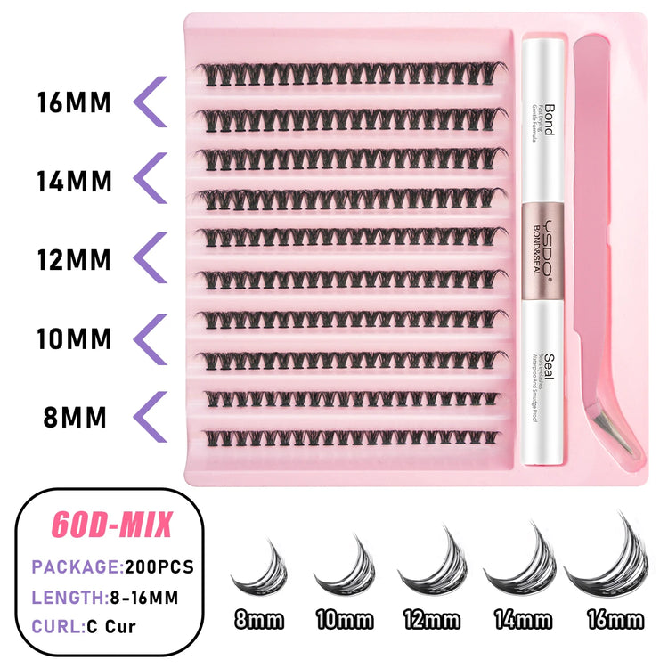 Transform Your Look with the 2-in-1 DIY Clusters Eyelash Extension Bond and Seal Kit - Natural Faux Mink Lashes Included!