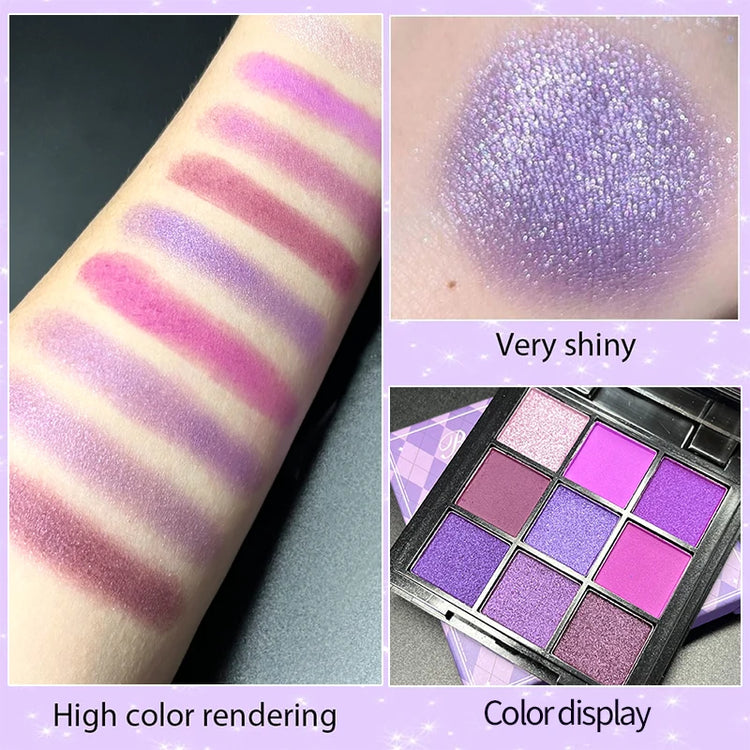 Glitter Eyeshadow Palette - 9 Color Collection with Purple Shimmer, Pearlescent, and Matte Finishes - Waterproof Eye Makeup