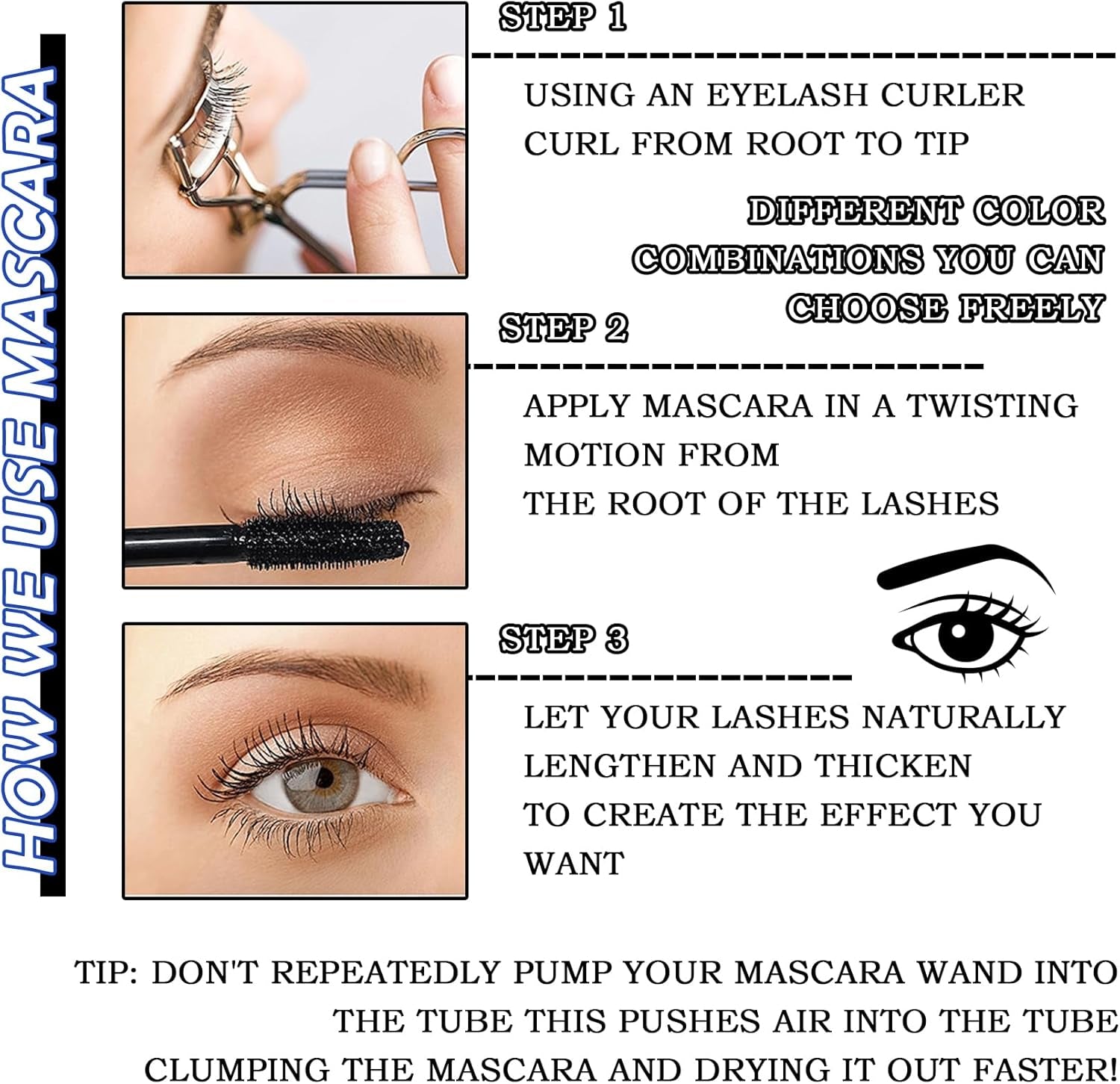 3Pcs Volume Mascara,Telescopic Mascara Waterproof Colored Mascara for Super Curly Thick Length Eye Lashes,Colorful Mascara Gift Set for Eye Makeup