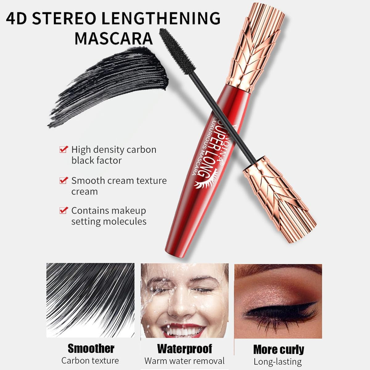 Super Long Mascara, 4D Long-Lasting Waterproof Mascara, Super Long Luxurious Mascara, 4D Stereo Smudge-Proof Mascara for Women 2Pcs
