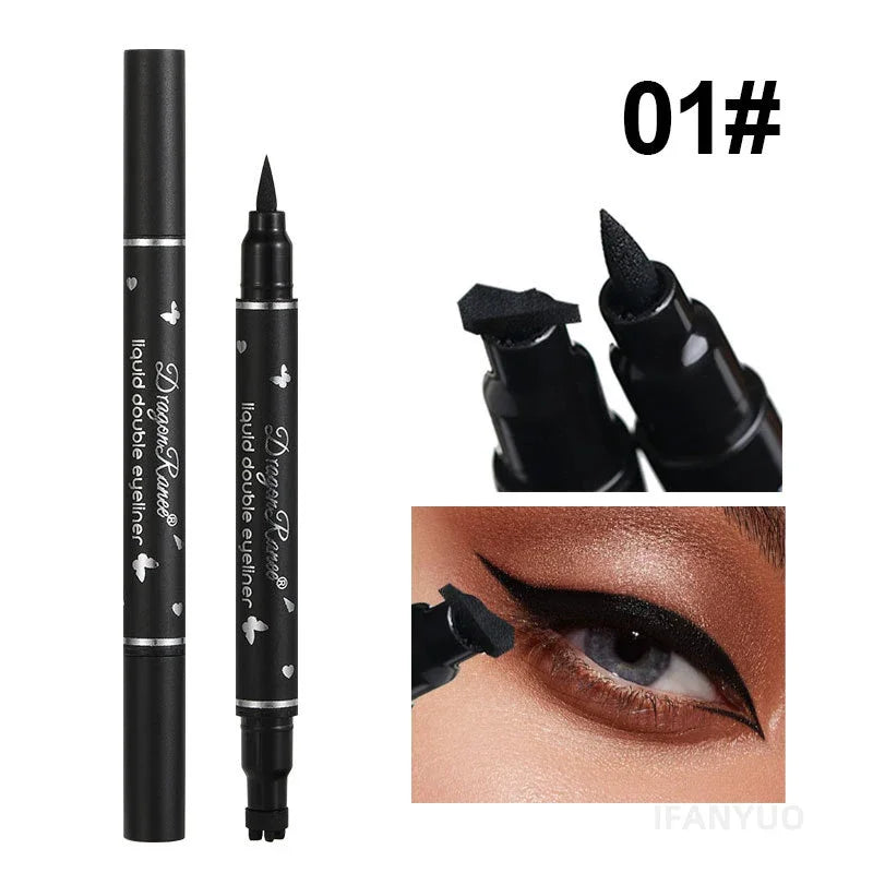 Black Seal Double-Ended Eyeliner Pen with Star Stamp - Long-Lasting Waterproof Winged Eye Makeup Cosmetics