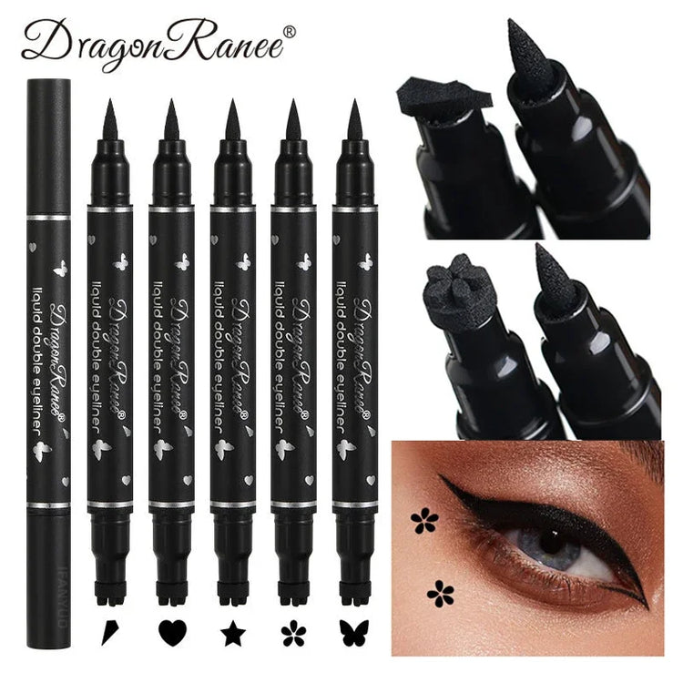 Black Seal Double-Ended Eyeliner Pen with Star Stamp - Long-Lasting Waterproof Winged Eye Makeup Cosmetics