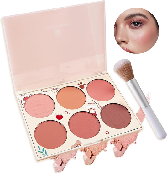 6 Colors Blush Palette,Shimmer Silky Matte Blush Powder Palette,Professional Cute Face Contour Highlighter Blush Palette with Blush Makeup Brush