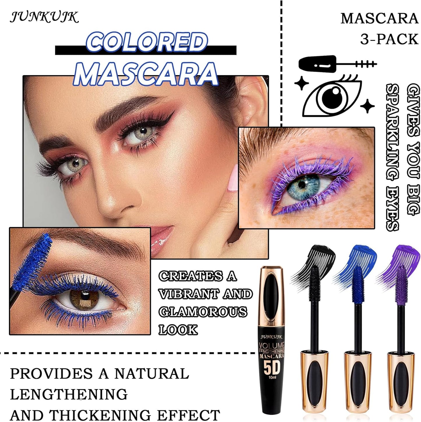 3Pcs Volume Mascara,Telescopic Mascara Waterproof Colored Mascara for Super Curly Thick Length Eye Lashes,Colorful Mascara Gift Set for Eye Makeup