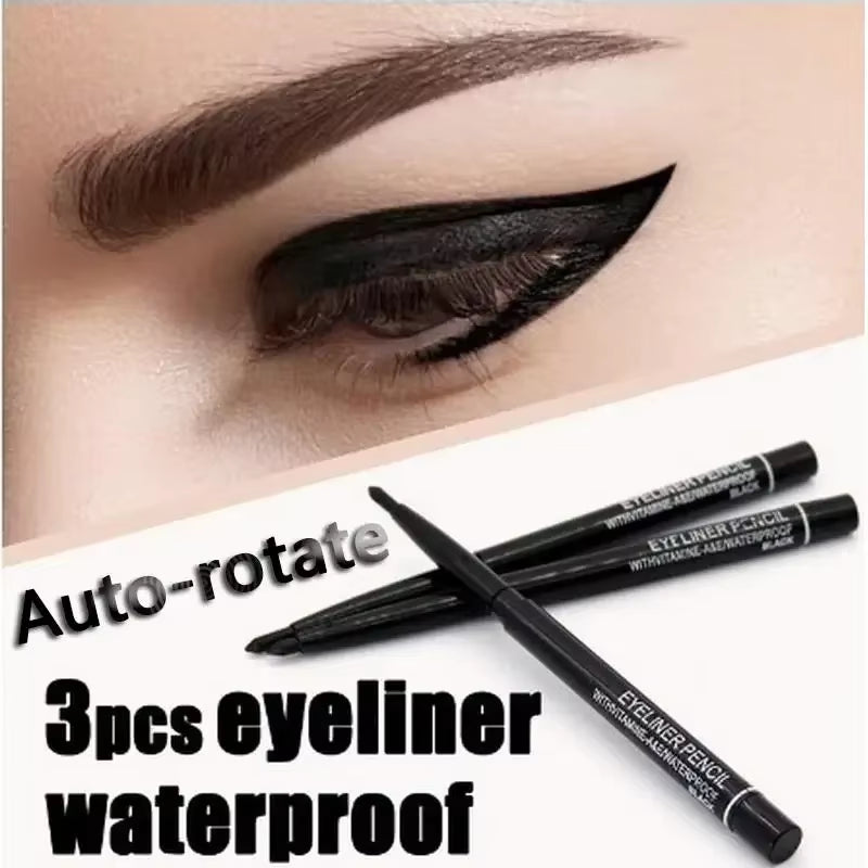 3-Piece Set of Waterproof Retractable Eyeliner Pencils in Black and Brown for Women