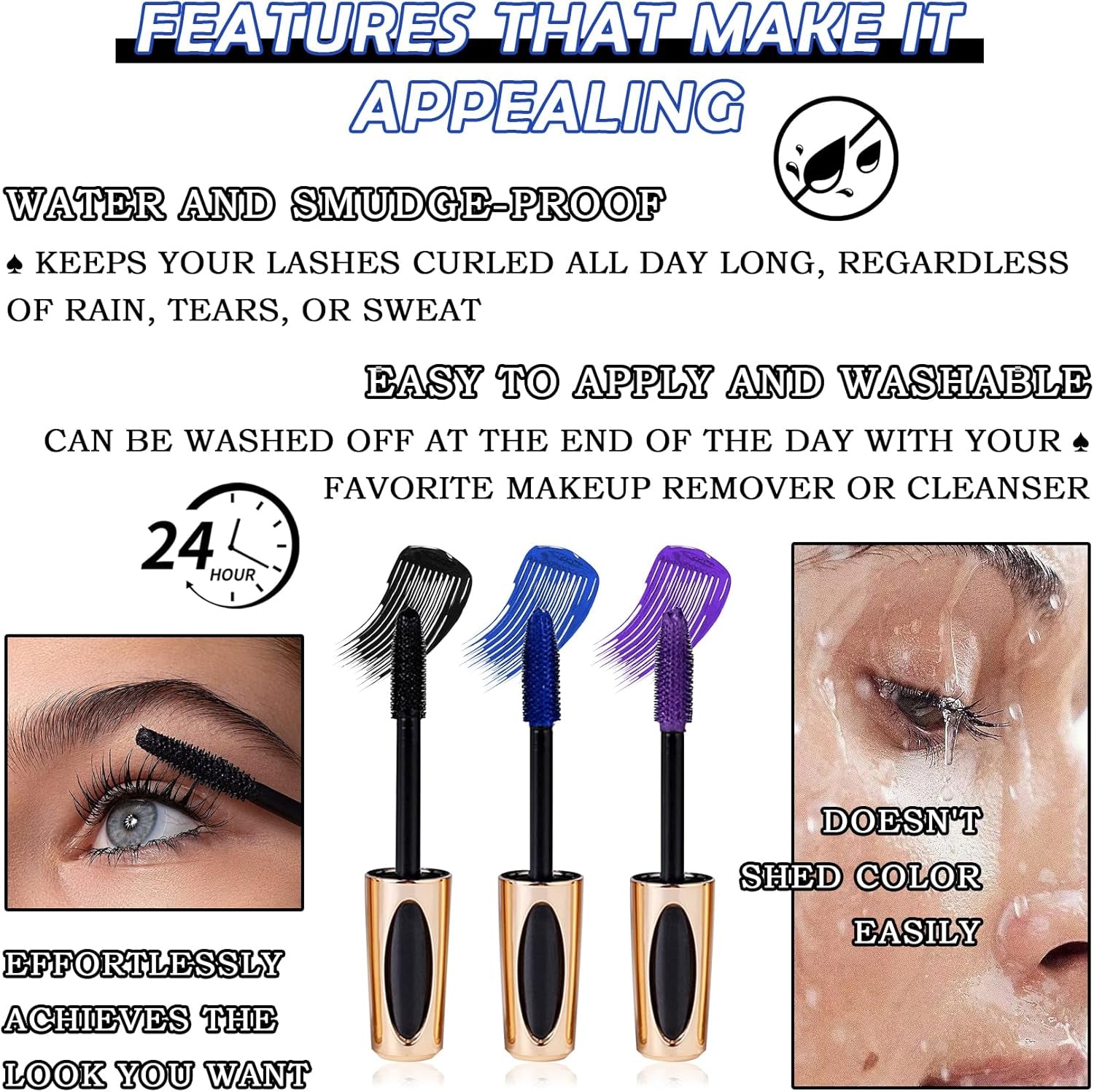 3Pcs Volume Mascara,Telescopic Mascara Waterproof Colored Mascara for Super Curly Thick Length Eye Lashes,Colorful Mascara Gift Set for Eye Makeup