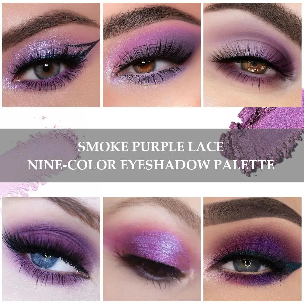 Glitter Eyeshadow Palette - 9 Color Collection with Purple Shimmer, Pearlescent, and Matte Finishes - Waterproof Eye Makeup