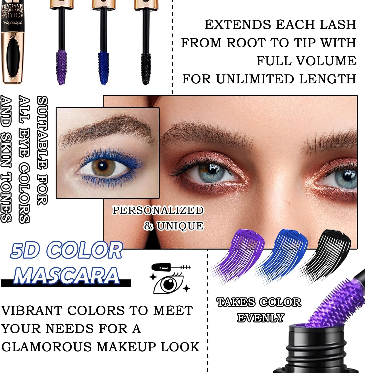 3Pcs Volume Mascara,Telescopic Mascara Waterproof Colored Mascara for Super Curly Thick Length Eye Lashes,Colorful Mascara Gift Set for Eye Makeup