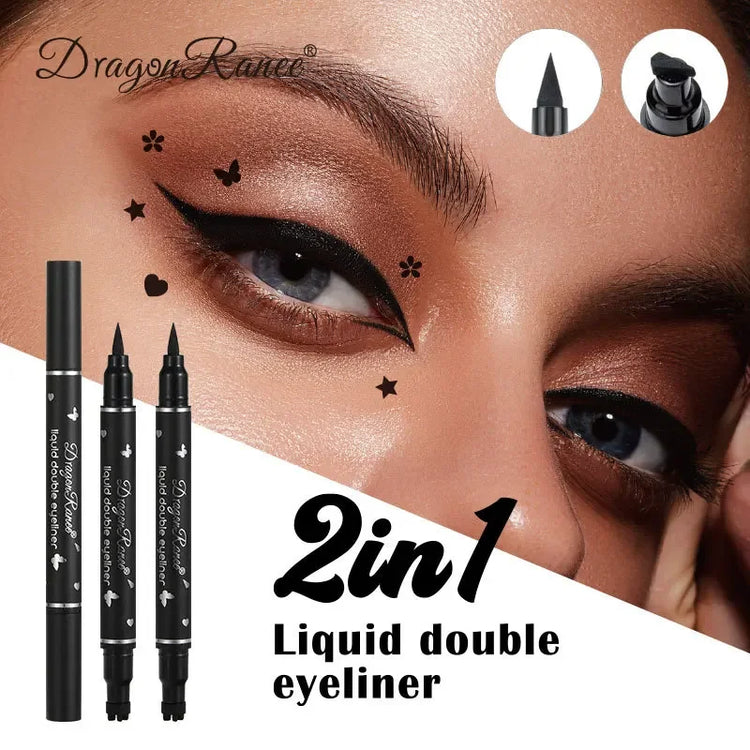 Black Seal Double-Ended Eyeliner Pen with Star Stamp - Long-Lasting Waterproof Winged Eye Makeup Cosmetics