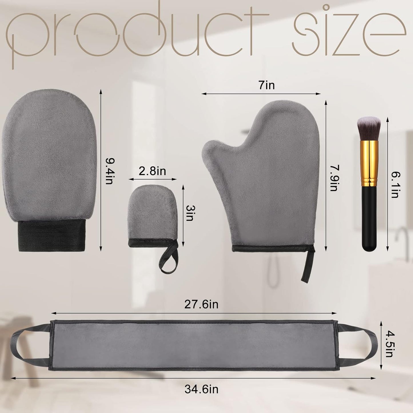 5 Pieces Self Tanning Mitt Applicator Kit, Includes Tanning Mitt, Exfoliating Glove, Mini Face Glove, Back Lotion Applicator, and Large Brush Makeup(Gray)