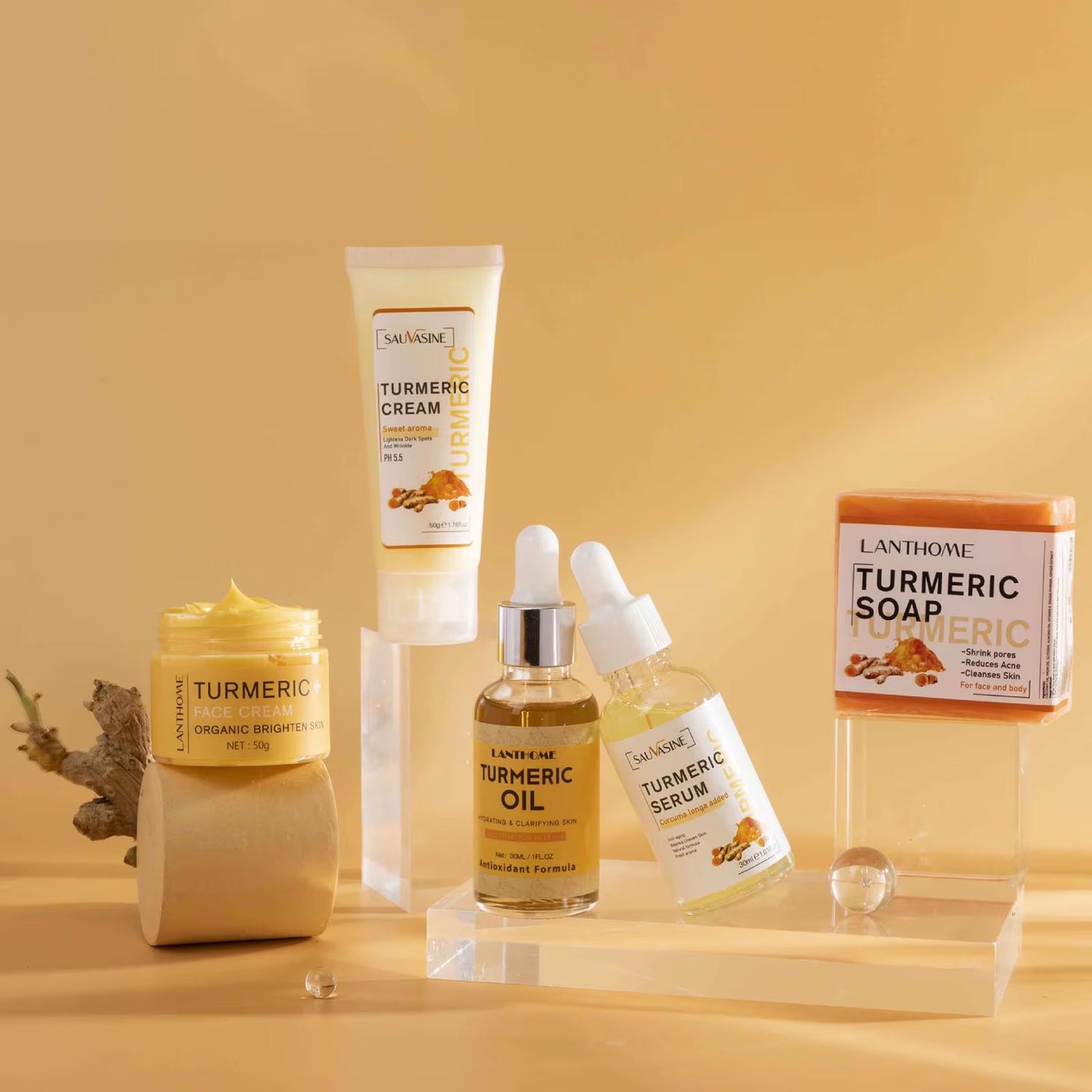5-Piece Turmeric Facial Care Set: Acne Cleansing Cream, Anti-Aging Serum, and Dark Spot Moisturizer for Radiant Skin