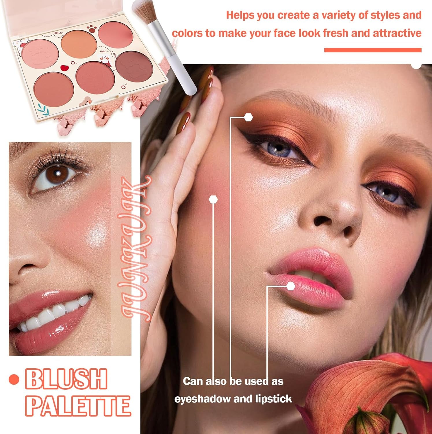 6 Colors Blush Palette,Shimmer Silky Matte Blush Powder Palette,Professional Cute Face Contour Highlighter Blush Palette with Blush Makeup Brush