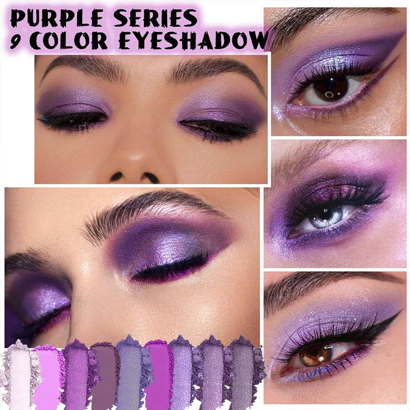 Glitter Eyeshadow Palette - 9 Color Collection with Purple Shimmer, Pearlescent, and Matte Finishes - Waterproof Eye Makeup