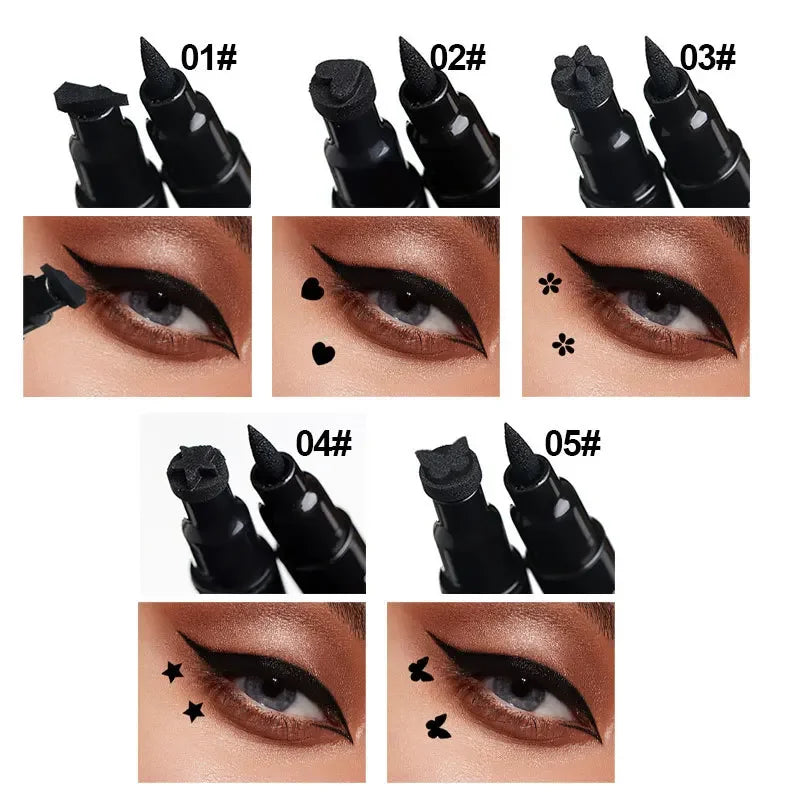 Black Seal Double-Ended Eyeliner Pen with Star Stamp - Long-Lasting Waterproof Winged Eye Makeup Cosmetics