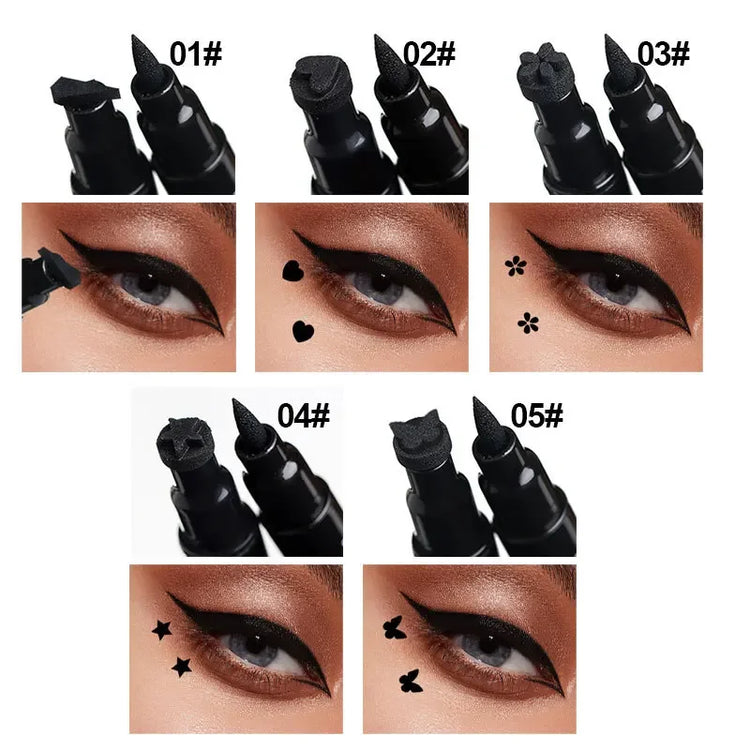 Black Seal Double-Ended Eyeliner Pen with Star Stamp - Long-Lasting Waterproof Winged Eye Makeup Cosmetics
