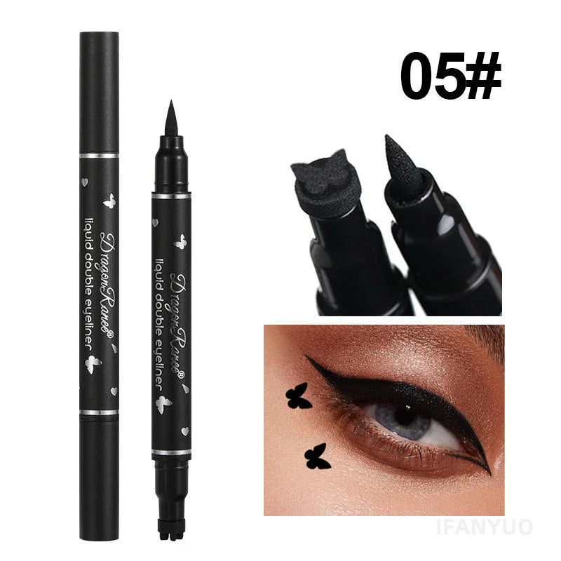 Black Seal Double-Ended Eyeliner Pen with Star Stamp - Long-Lasting Waterproof Winged Eye Makeup Cosmetics