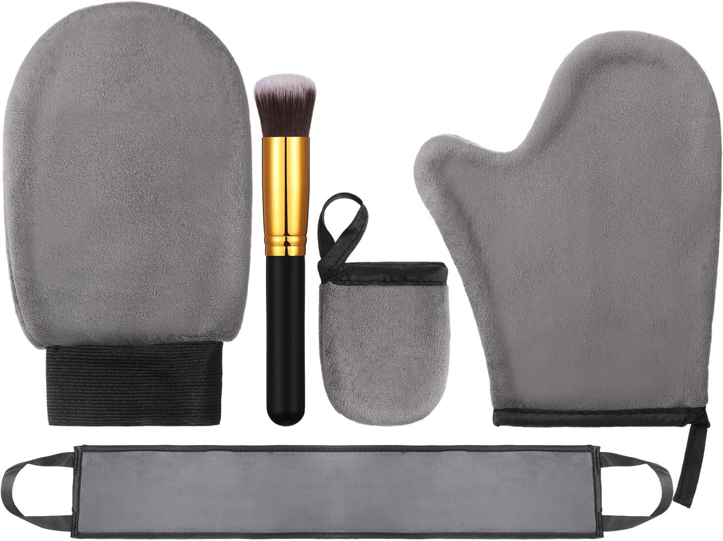 5 Pieces Self Tanning Mitt Applicator Kit, Includes Tanning Mitt, Exfoliating Glove, Mini Face Glove, Back Lotion Applicator, and Large Brush Makeup(Gray)