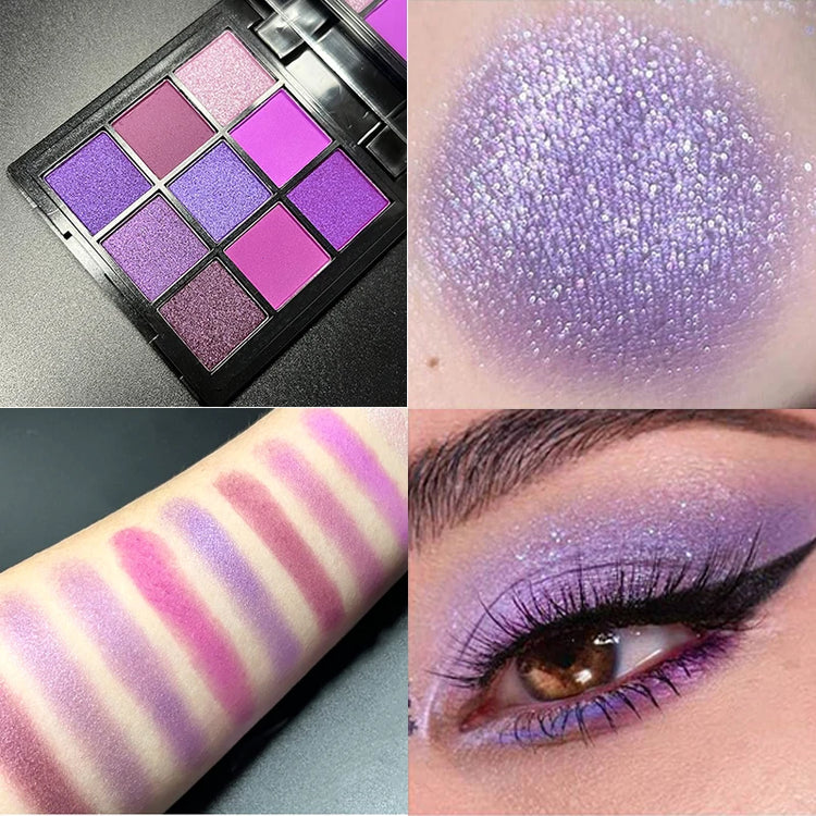 Glitter Eyeshadow Palette - 9 Color Collection with Purple Shimmer, Pearlescent, and Matte Finishes - Waterproof Eye Makeup