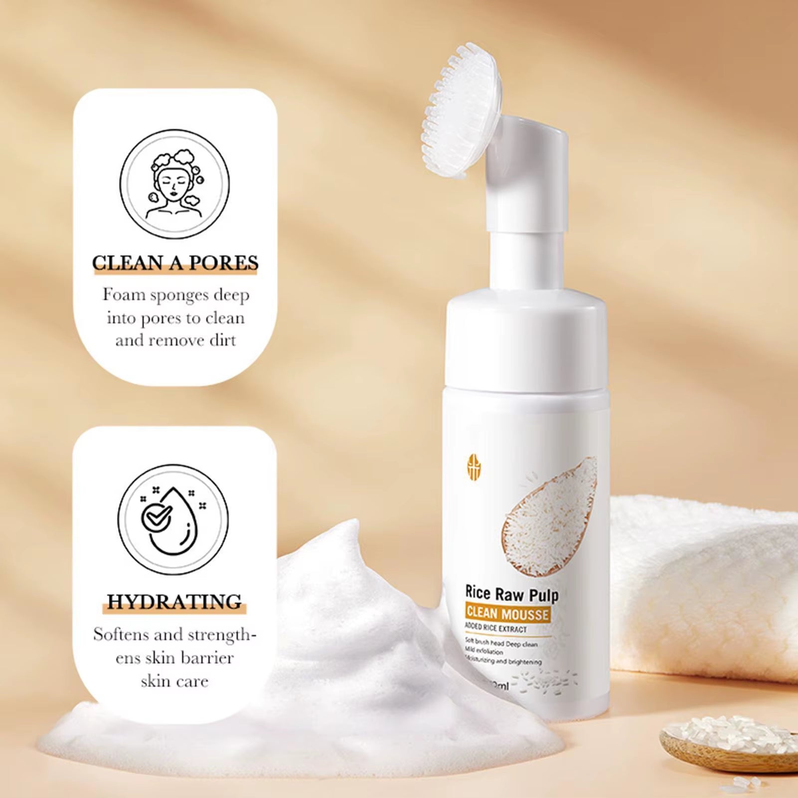 Rice Water Foaming Facial Cleanser with Brush Head - 120ml Soothing Face Wash