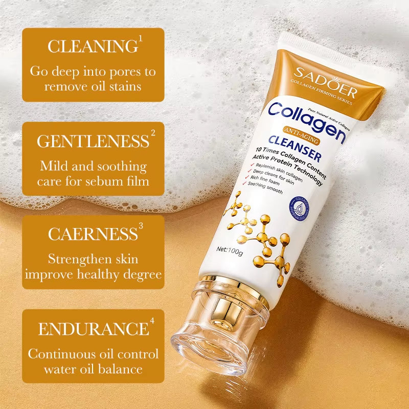 SADOER Collagen Facial Cleanser - Firming and Moisturizing Foam Wash for Radiant Skin