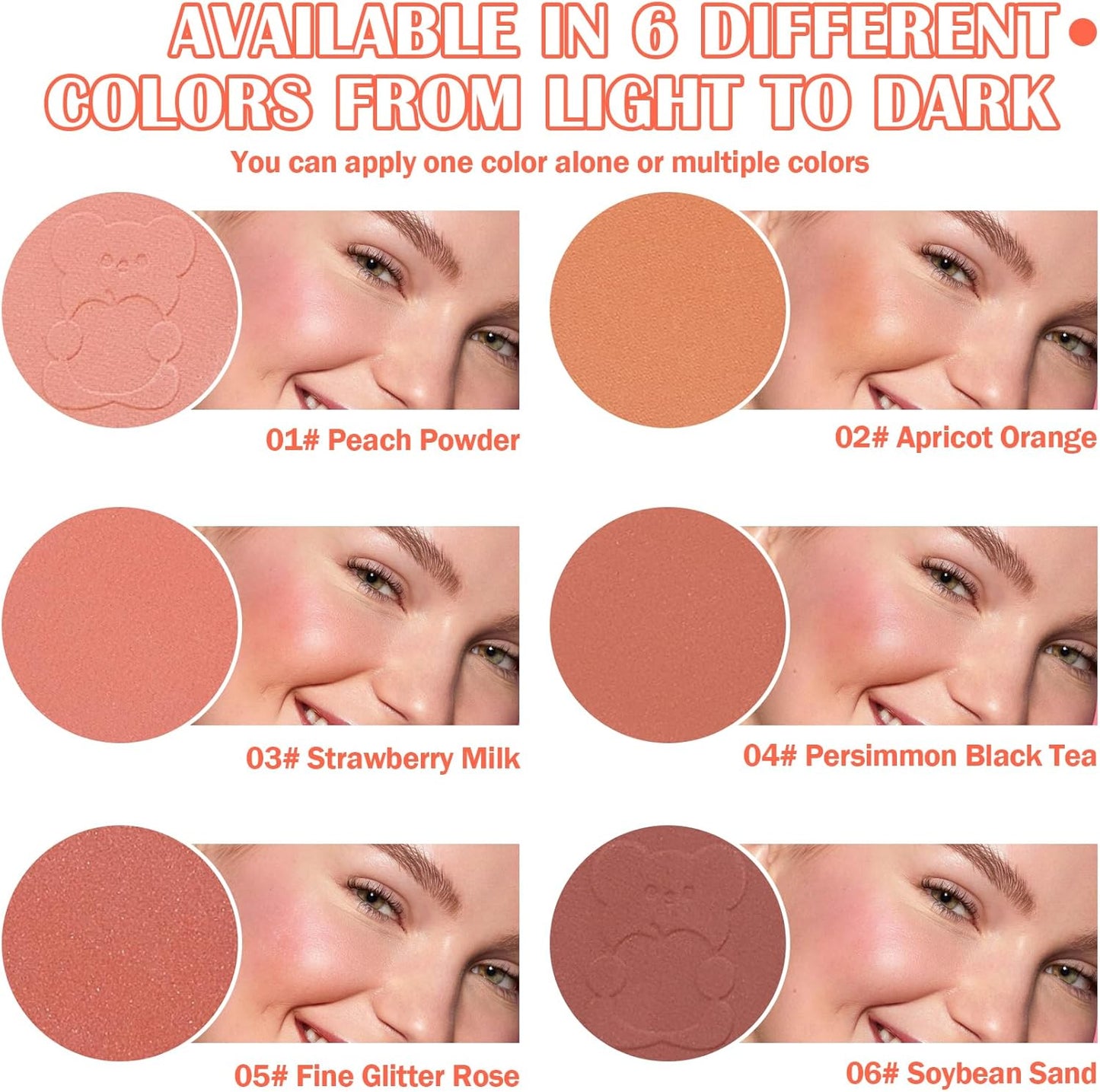 6 Colors Blush Palette,Shimmer Silky Matte Blush Powder Palette,Professional Cute Face Contour Highlighter Blush Palette with Blush Makeup Brush