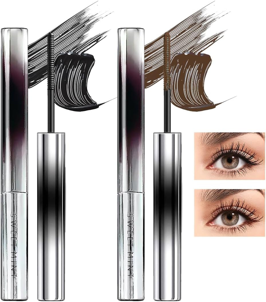 3D Curling Eyelash Mascara,Slim Washable Metal Iron Brush Mascara, Waterproof Long Lasting No Clumping Iron Strong Mascara Black + Brown 2Pcs