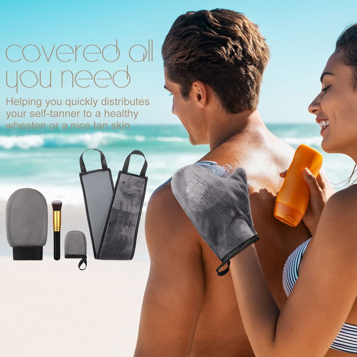 5 Pieces Self Tanning Mitt Applicator Kit, Includes Tanning Mitt, Exfoliating Glove, Mini Face Glove, Back Lotion Applicator, and Large Brush Makeup(Gray)