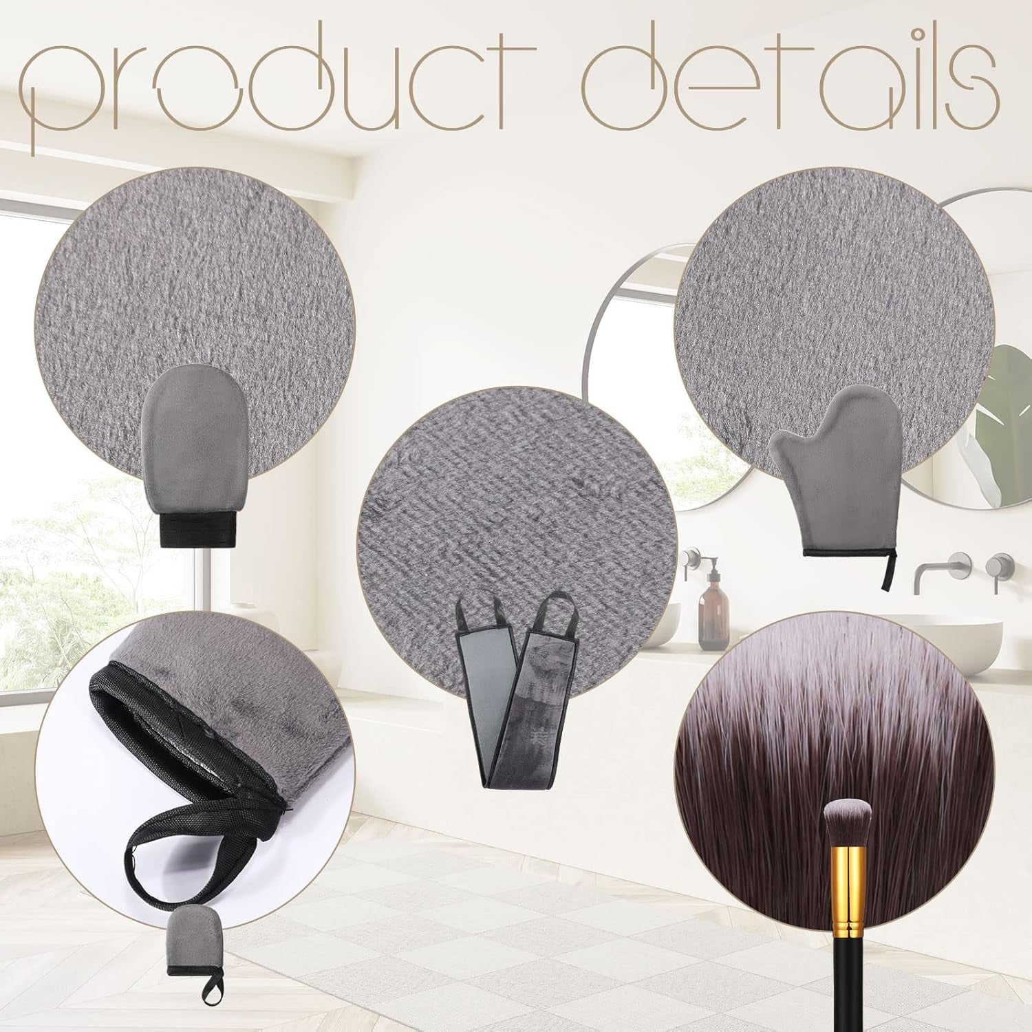 5 Pieces Self Tanning Mitt Applicator Kit, Includes Tanning Mitt, Exfoliating Glove, Mini Face Glove, Back Lotion Applicator, and Large Brush Makeup(Gray)