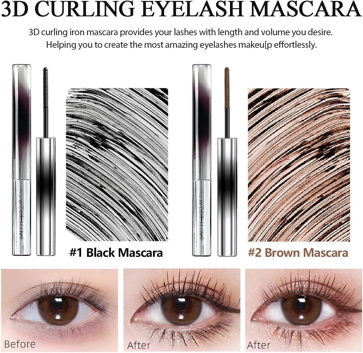 3D Curling Eyelash Mascara,Slim Washable Metal Iron Brush Mascara, Waterproof Long Lasting No Clumping Iron Strong Mascara Black + Brown 2Pcs