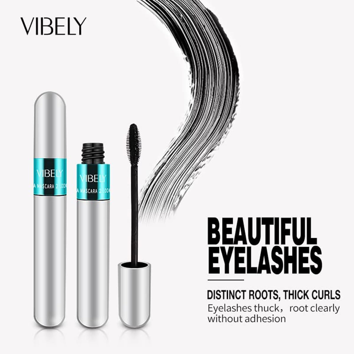 2 in 1 for VIBELY Mascara 5X Longer Waterproof Lash Cosmetics Mascara for Natural Lengthening, Thickening Effect No Clumping