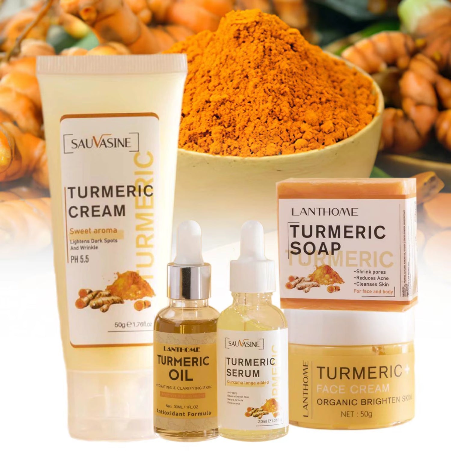 5-Piece Turmeric Facial Care Set: Acne Cleansing Cream, Anti-Aging Serum, and Dark Spot Moisturizer for Radiant Skin
